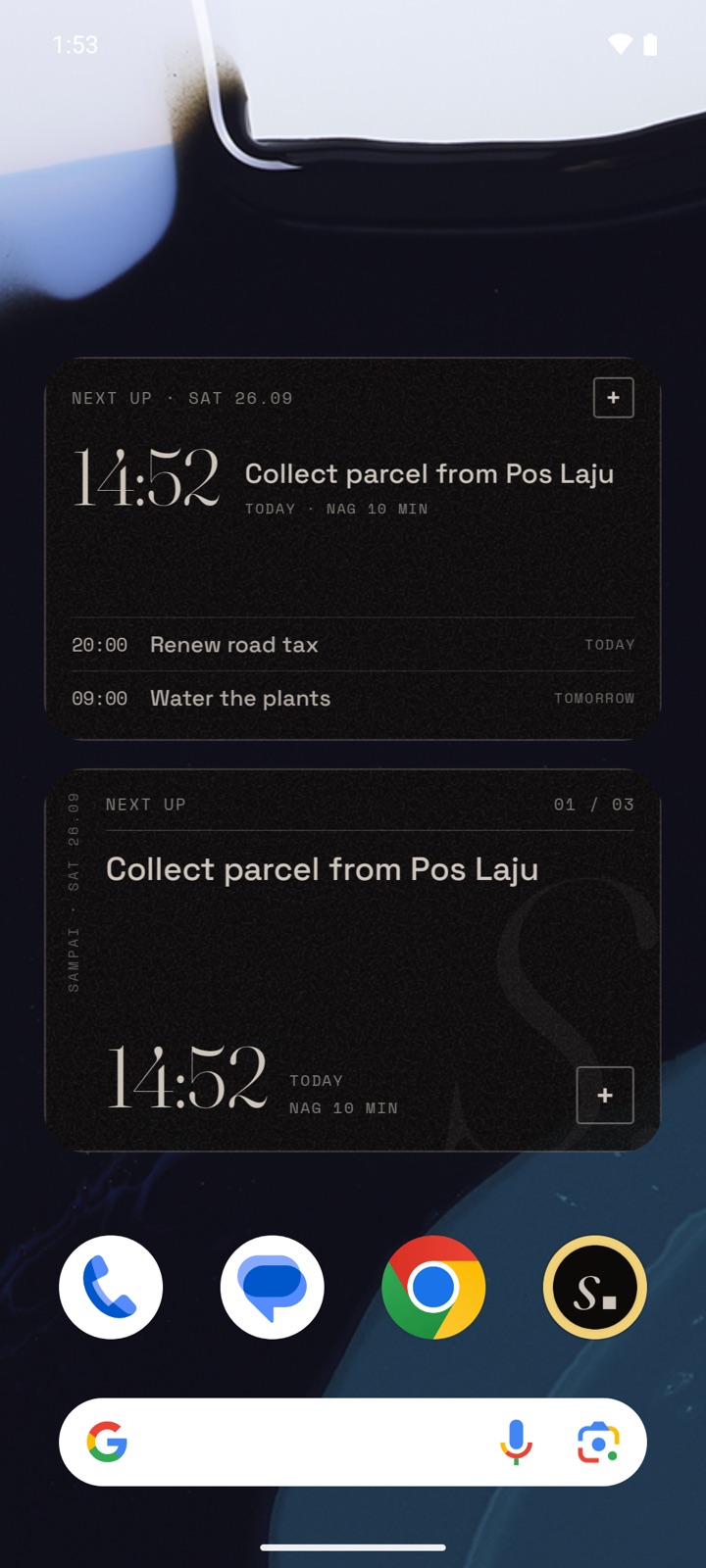 Widgets screen. Next up and Upcoming on the home screen. Pro.