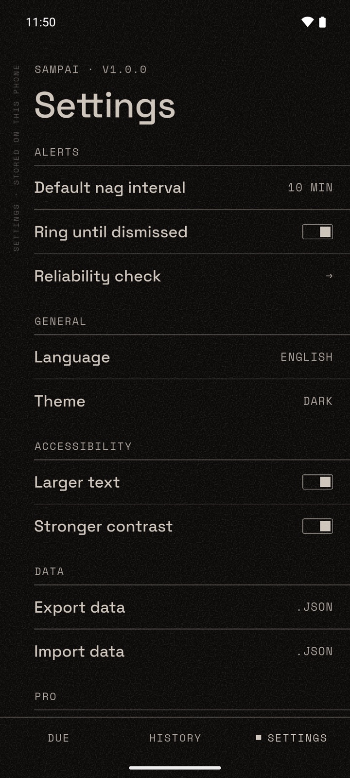 Settings screen. Export to a plain file. Import it back.