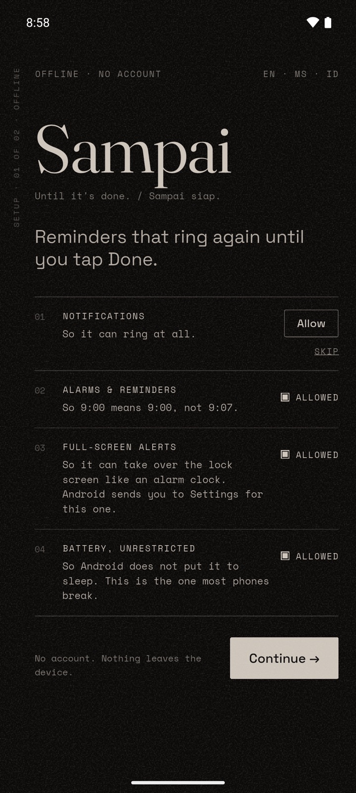 Onboarding screen. Four permissions, each with one plain sentence.