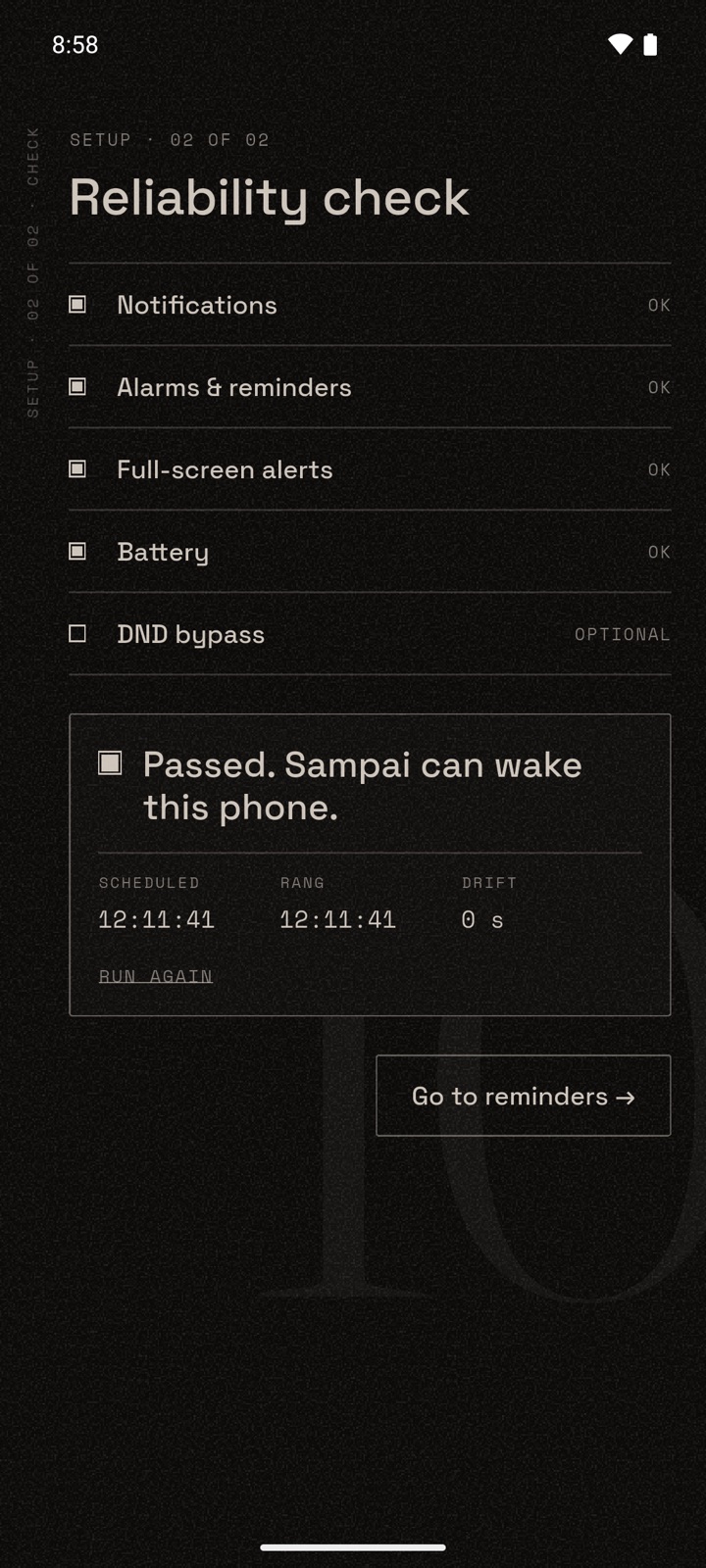 Reliability screen. Rings you in 10 seconds to prove it works.